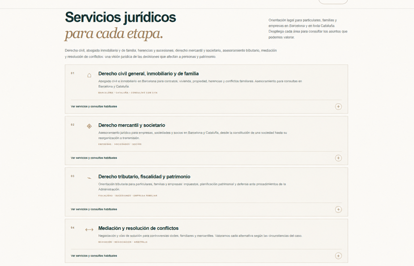 Retall de la web provisional amb les àrees jurídiques; la marca del despatx s&rsquo;ha ocultat